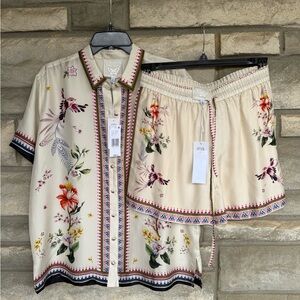Johnny Was Jade Ophelia  Silk Blend Button-Down Shirt Top And Short Set S $510